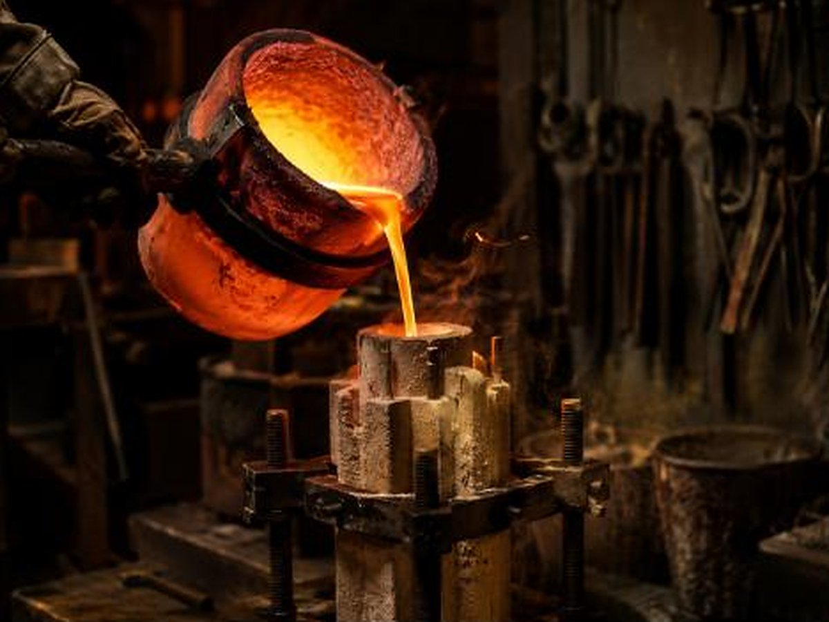 Molten bronze being poured in the Zerkalem foundry