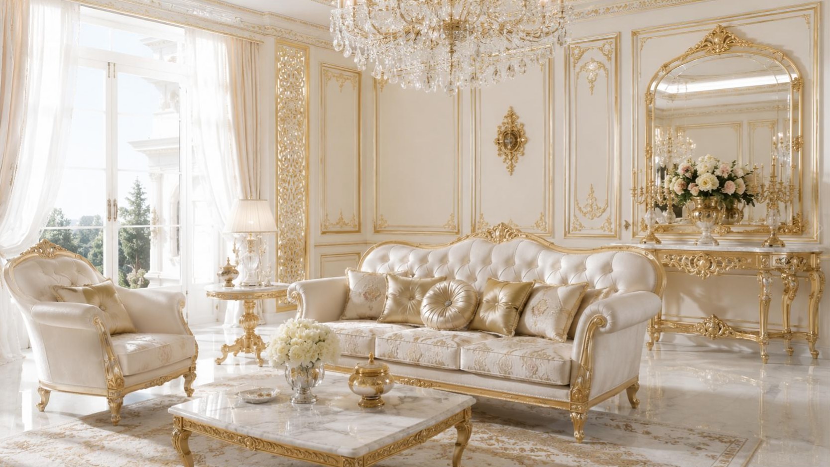 Zerkalem white and gold palace salon with tufted sofa and gilded console